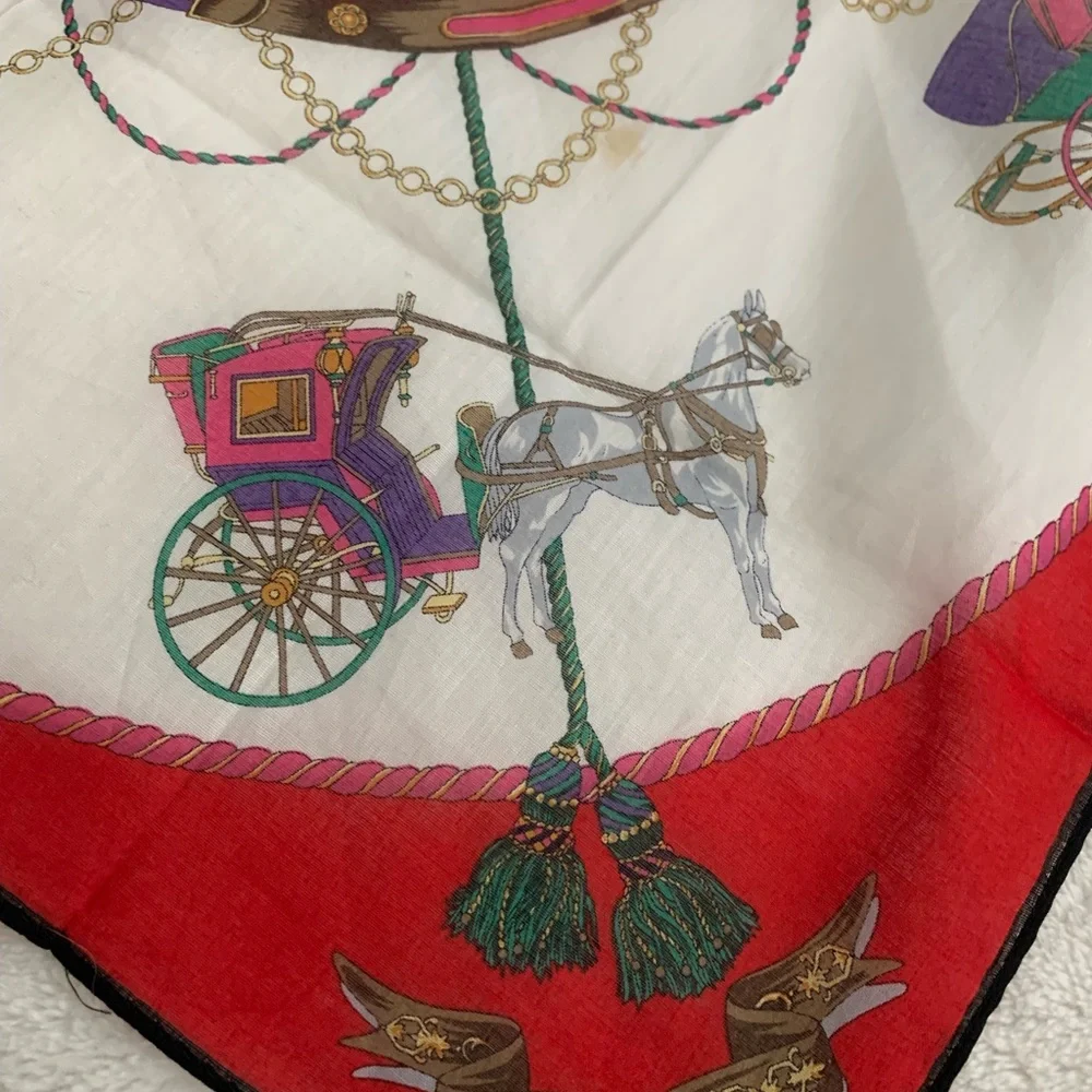 Celine Elegant Red and White Scarf/Hankerchief with Horse Carriage Design - Picture 7 of 8